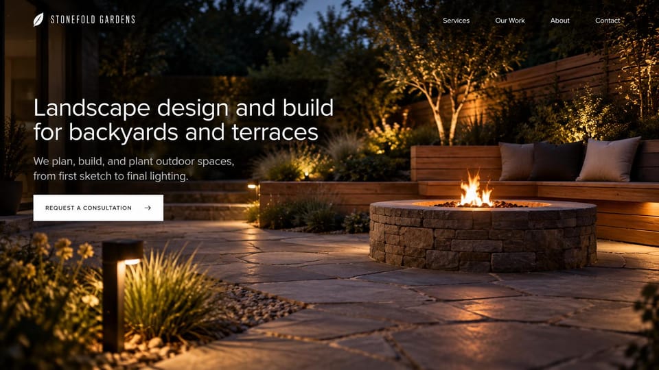 Landscaping website design, design-build at night with landscape lighting: a stone patio and fire pit at night with path lights and wood benches, a white sans headline and a white button