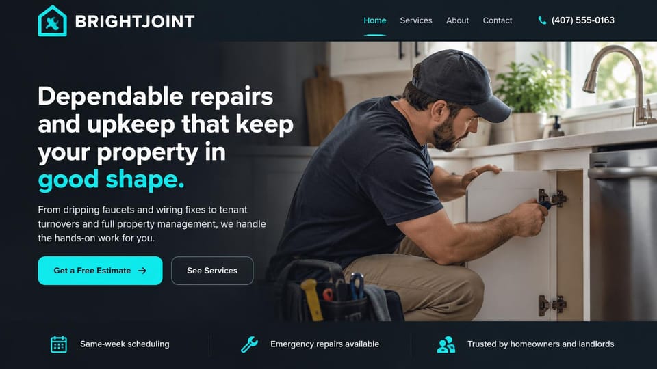 Handyman website design, repairs and upkeep for homes and rentals: dark charcoal page, a bold white headline with a turquoise phrase, a turquoise estimate button and a handyman adjusting a cabinet hinge