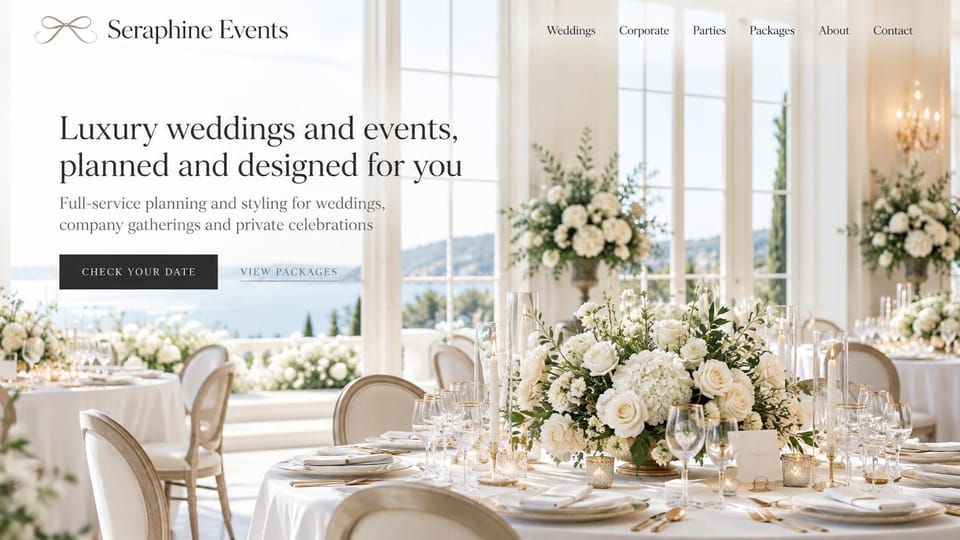 Event planner website design, luxury weddings and company events in white: bright white reception room with round tables, white florals and sea views through tall windows, dark serif headline at left, black date button