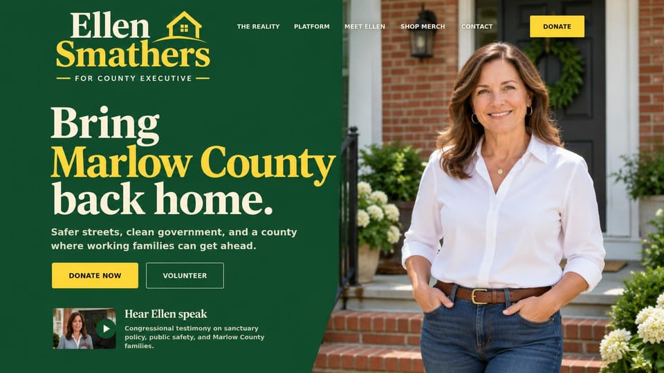 Political campaign website design, county executive in green with a speech clip: deep green panel with a cream and yellow serif headline, a woman in a white shirt on a brick porch, yellow buttons and a video thumbnail