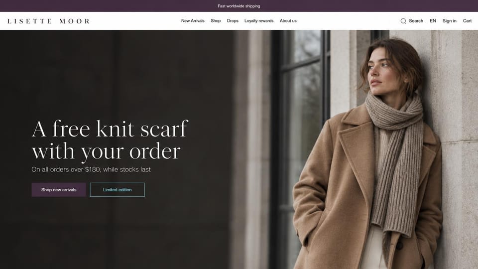 Fashion website design, womenswear with a free gift offer in the headline: plum top bar, a dark doorway beside a woman in a camel coat and taupe ribbed scarf against pale stone, a white serif headline, a plum button and an outlined teal button