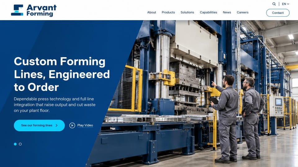 Manufacturing website design, metal forming lines engineered to order: white header, a deep blue angled panel with a white headline and a cyan button, engineers in gray coveralls beside a large blue and yellow press line
