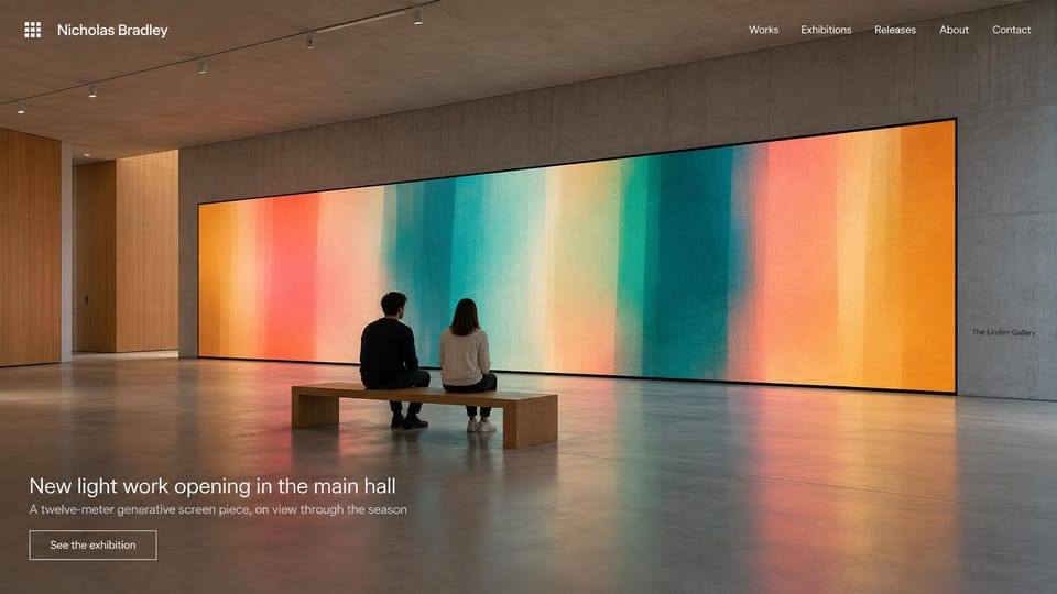 Artist website design, installation with a current exhibition: two people on a bench before a wide glowing artwork in teal, coral and orange, white text at lower left