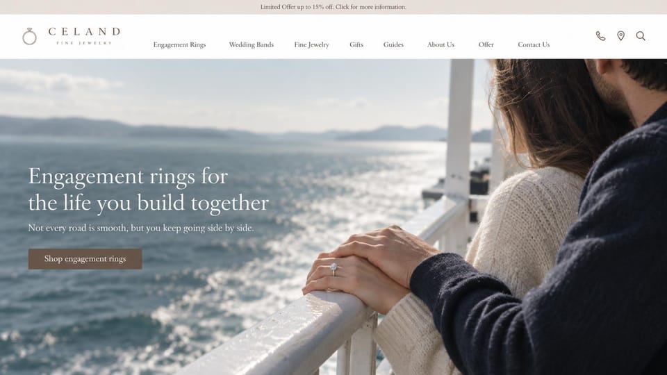 Jewelry website design, engagement rings with a couple at sea: white menu, a couple leaning on a ferry rail over a sparkling sea with her diamond ring in view, a white serif headline and a brown button