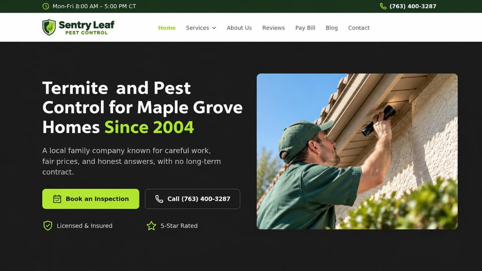 Pest control website design, termite and pest control in charcoal and lime: charcoal page, a bold white headline with lime green highlights, a lime inspection button, a photo of a technician in a green cap checking the eaves