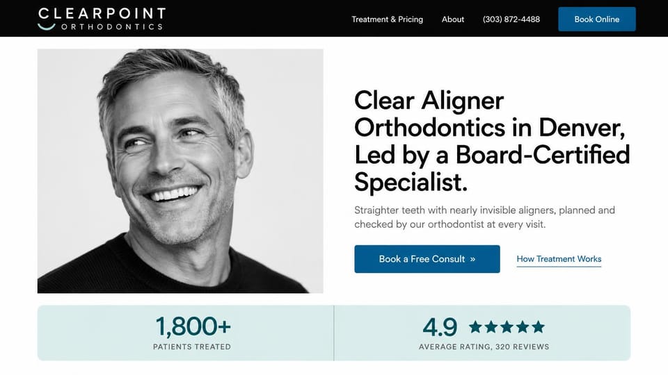Dental website design, clear aligner orthodontics led by a specialist: white page, a black and white portrait of a smiling man beside a bold headline, two stat panels below