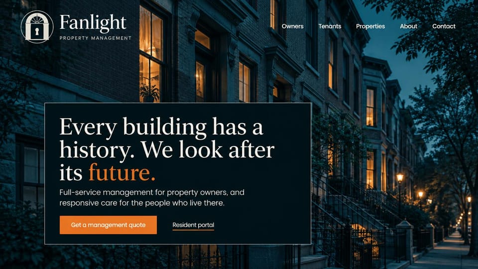 Property management website design, historic buildings with a framed headline at night: navy-tinted brownstone street at dusk, a dark framed panel with a cream serif headline and an orange quote button