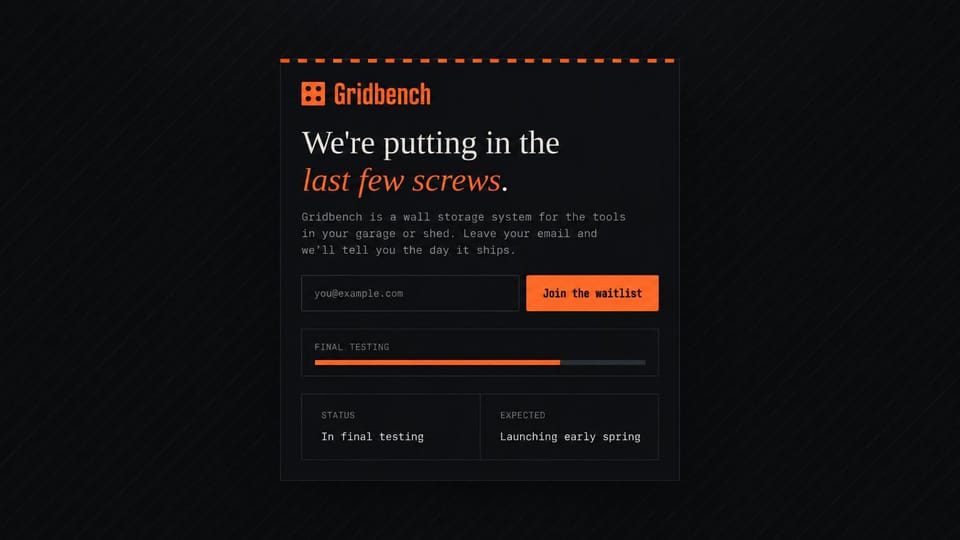 Coming soon website design, product waitlist with a launch progress bar: charcoal page, a bordered card with an orange dashed edge, a serif headline with orange italics, an orange waitlist button and a progress bar