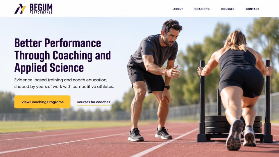 Personal trainer website design, performance coaching that also teaches coaches: white page, a condensed purple headline, a yellow programs button and a courses link, a coach on a running track watching a woman push a sled