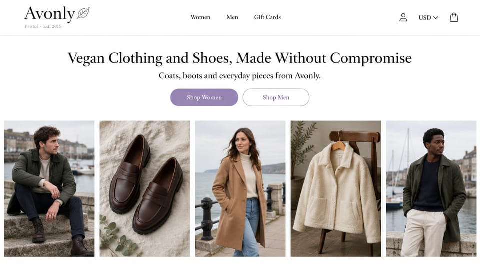 Fashion website design, vegan clothing and shoes with a row of five photos: cream page with a leaf logo, a centered dark serif headline, lavender and outlined buttons, and a row of five photos of models, loafers and a fleece jacket