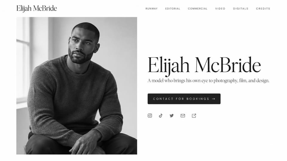 Model portfolio website design, male model who also works in photography and film: white page, a large black serif name, a black bookings button and a black and white portrait of a bearded man in a sweater