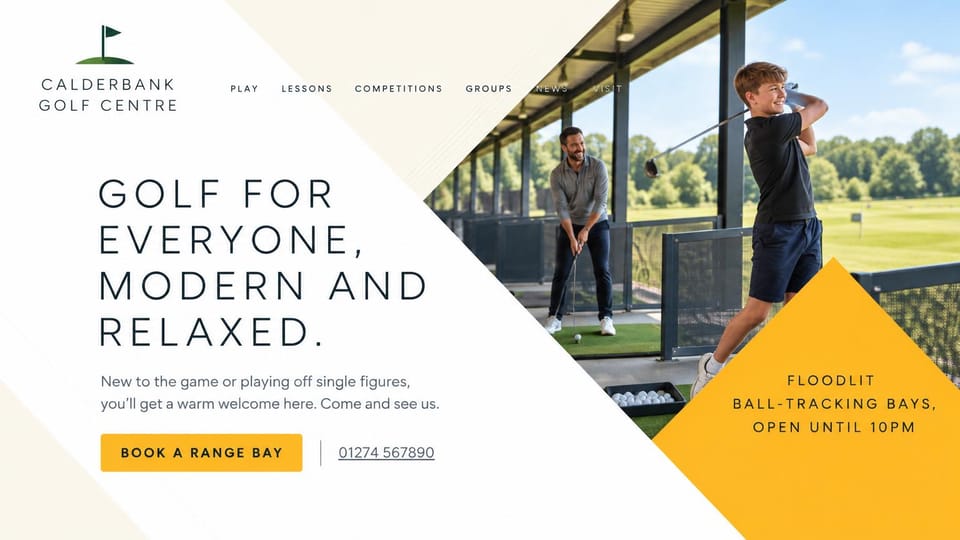 Sports team website design, driving range and golf center, open to all: white page cut diagonally by a photo of a man and a boy hitting balls in range bays, thin spaced dark capitals, a yellow button and a yellow corner panel