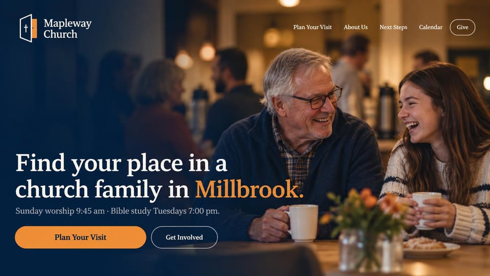 Church website design, small-town church around the coffee table: navy overlay on a man and girl laughing over coffee, white serif headline with the town in orange
