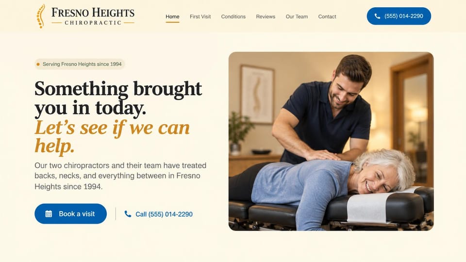 Chiropractor website design, neighborhood chiropractor, warm and welcoming: cream page, a black and gold serif headline beside a chiropractor treating a smiling older woman