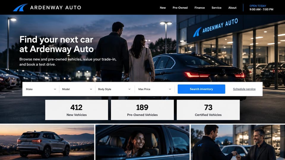 Car dealership website design, dealership at dusk with inventory counts: dusk photo of a couple walking to a black sedan outside a lit showroom, blue search button, three count cards and a photo strip
