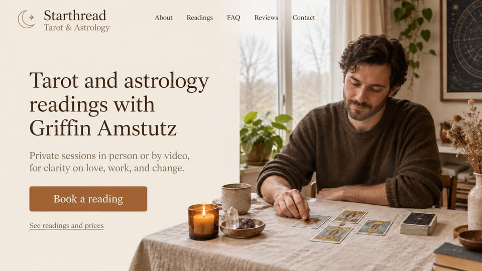 Astrology website design, tarot and astrology with the reader at work: cream page, a brown serif headline and a terracotta button beside a reader laying out tarot cards by a window