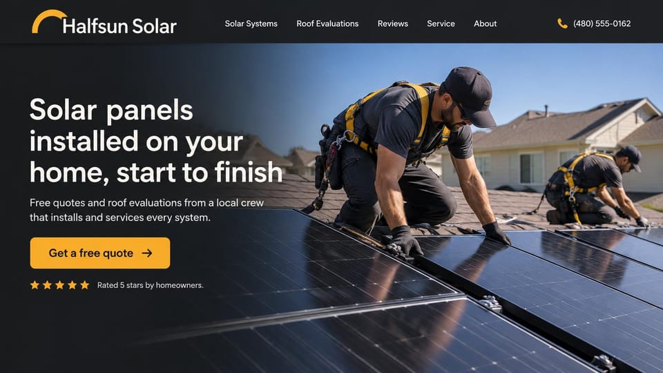 Solar website design, residential solar, dark with a crew on the roof: charcoal page, a white headline and yellow quote button on the left, two installers in harnesses fitting panels on a home's roof