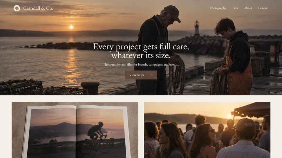 Videographer website design, photo and film studio for brands and events: dusk harbor with two fishermen coiling rope, centered cream serif headline, brown button, a cream band below with a photo book and a crowd at sunset