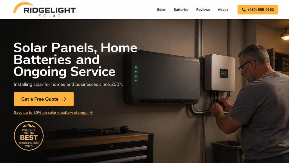 Solar website design, solar, batteries and ongoing service in a dark garage: white header with a gold arc logo and a yellow phone button, a dark garage photo of a technician wiring an inverter beside a black wall battery, a white headline, a yellow quote button and a round gold badge