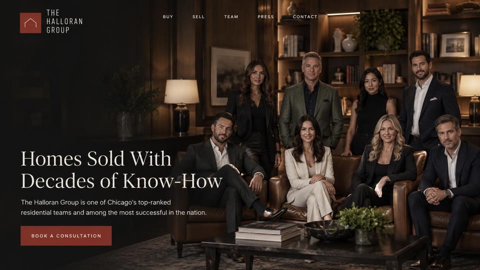 Real estate website design, large team in one group portrait: eight agents posed in a wood-paneled library, a cream serif headline and a red button