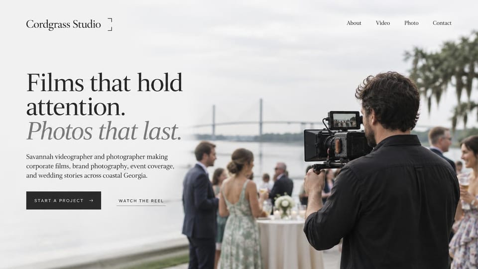 Videographer website design, videographer and photographer in one, light and airy: soft white and gray, a large black serif headline with a gray italic line, a videographer filming a waterfront party, a black start a project button