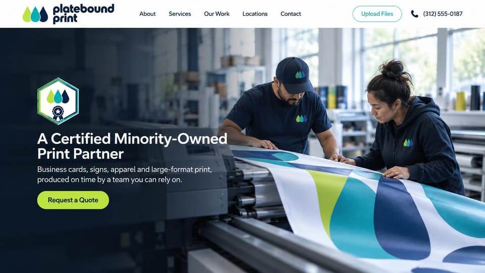 Printing website design, commercial printer with a large-format press: white header, a dark photo of two printers checking a wide banner on a large-format press, a hexagon badge, lime quote button