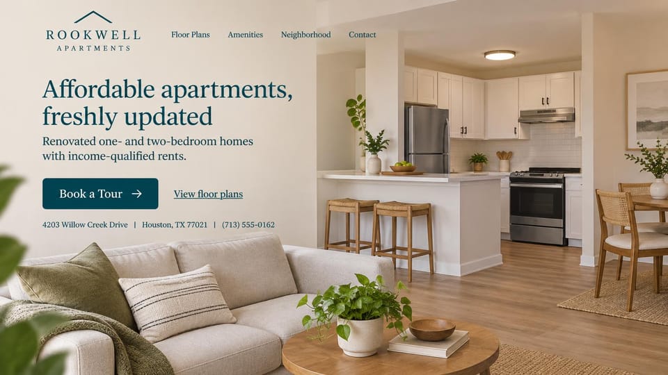 Apartment website design, affordable apartments, renovated and income-qualified: bright renovated living room and kitchen, dark green serif headline at the top left, green tour button, a floor plans link and an address line