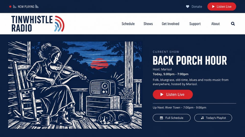 Radio station website design, folk and roots radio in woodcut style: navy and white, a blue and white woodcut of a woman playing fiddle on a porch beside an old radio and a sleeping dog, bold condensed show title and red buttons