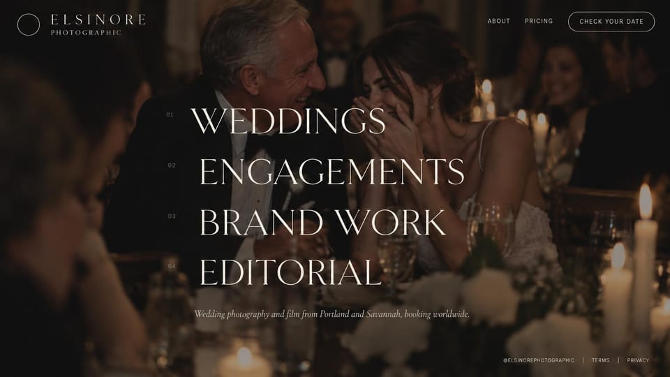 Wedding photographer website design, wedding and editorial studio with a service list: very dark candlelit reception photo, four large white serif capital lines naming services, a small italic caption and an outlined button