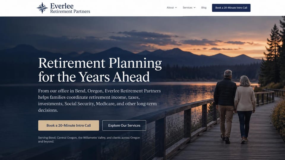 Financial advisor website design, retirement planning on a boardwalk at dusk: white header with a navy compass logo, an older couple walking a boardwalk at dusk below mountains, white serif headline, tan and outlined buttons
