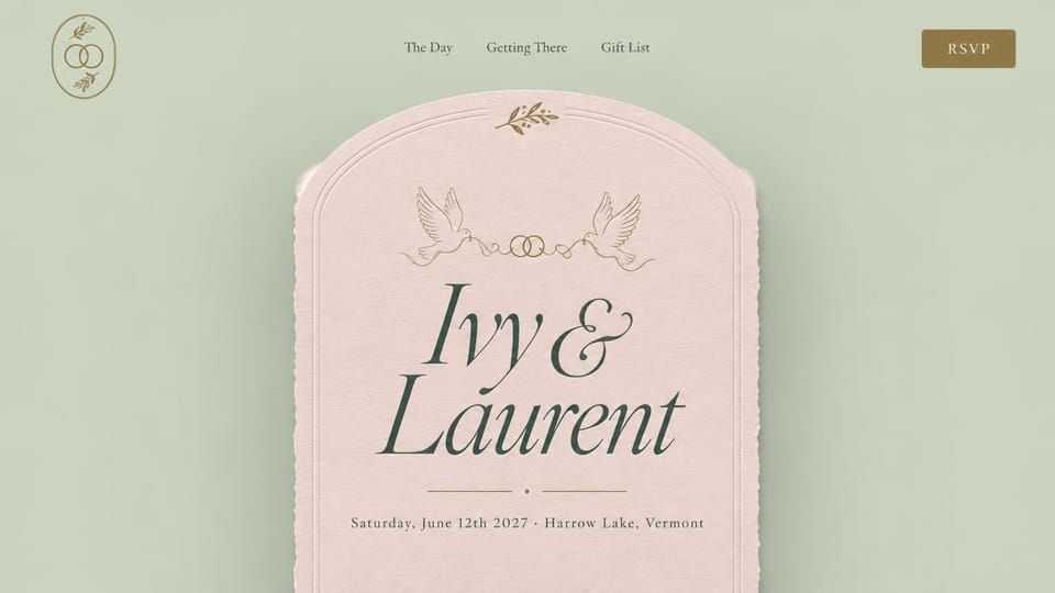 Wedding website design, classic invitation card on sage: sage green page with an arched blush invitation card, dove illustrations and green script names