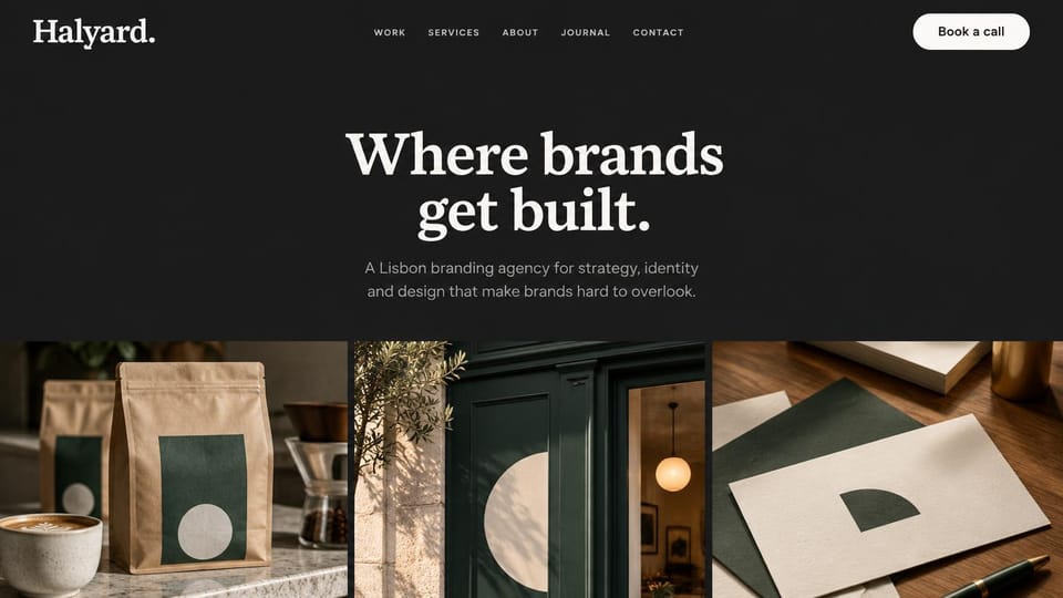 Agency website design, branding agency with a strip of work: near-black page, a centered white serif headline and three photos of coffee bags, a doorway and a card