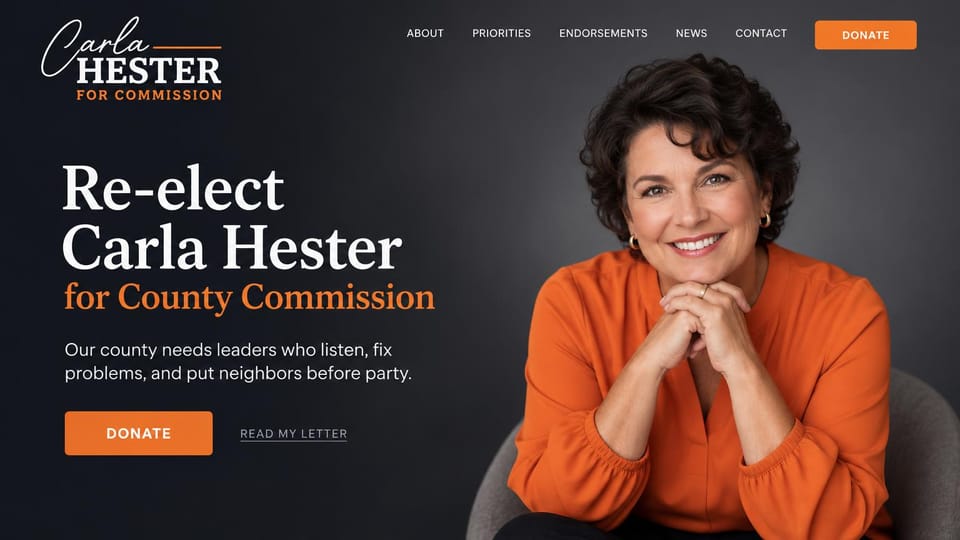 Political campaign website design, county re-election in charcoal and orange: charcoal background, a white and orange serif headline, a smiling woman in an orange blouse, an orange donate button