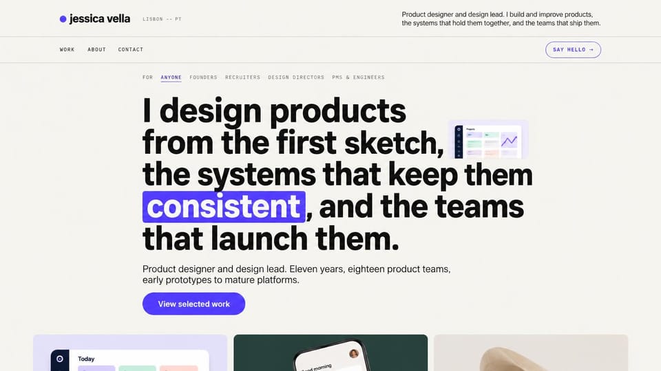 Portfolio website design, product designer with a pick-your-audience bar: cream page, a large black headline with one word highlighted in purple, small interface previews and a purple button