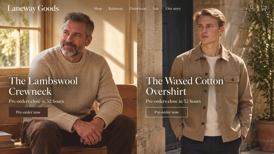 Fashion website design, menswear pre-orders in two product panels: two warm photos of a gray-bearded man in an oatmeal crewneck and a young man in a tan overshirt, each with a white serif product name, a countdown line and a button