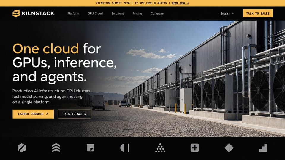 Web hosting website design, gPU cloud for AI workloads: black page, white and amber headline, amber and outlined buttons, a data center exterior lined with cooling units, abstract client marks below