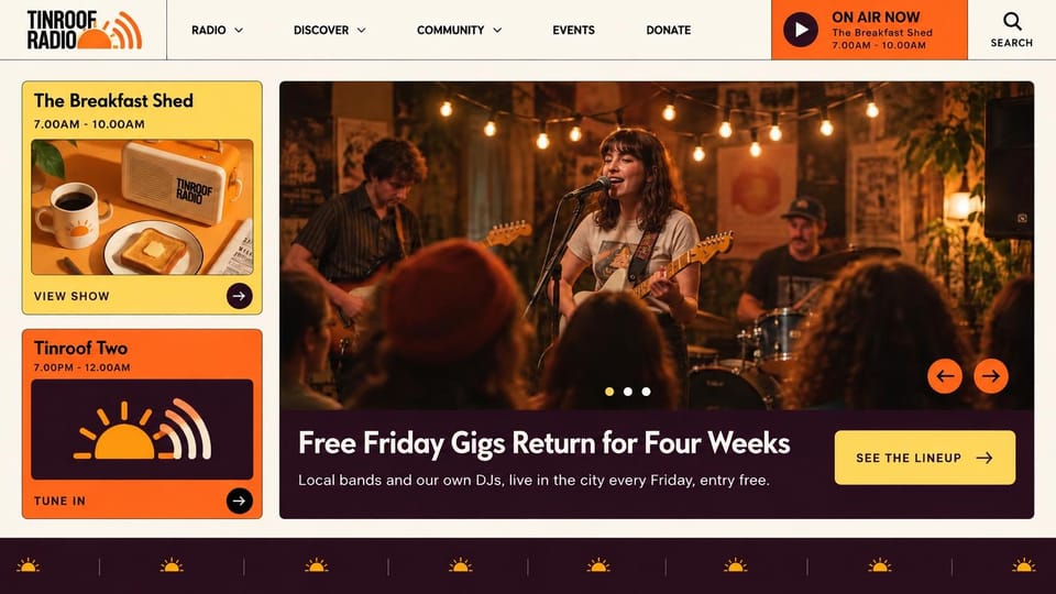 Radio station website design, community radio with show cards and gig news: cream page, yellow and orange show cards, a photo of a singer and band in a small venue with a dark plum caption bar, an orange on-air box in the header