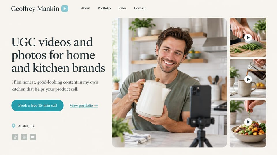 UGC portfolio website design, kitchen products with a free intro call: cream page, dark serif headline, teal button, a man holding a white kettle beside a phone on a tripod, three video previews