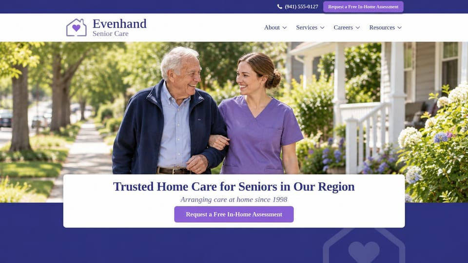 Home care website design, senior care agency with a walk on a leafy street: purple top bar, white menu, a caregiver in purple scrubs walking arm in arm with an older man on a leafy sidewalk, a white card with a navy headline and a purple button