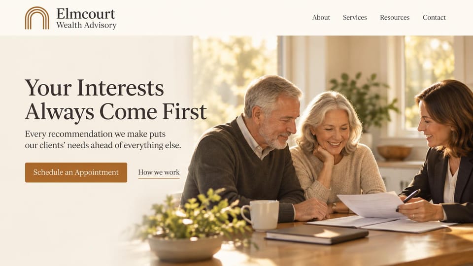Financial advisor website design, retirement advice at a sunny kitchen table: warm cream fading into a sunny kitchen, an older couple with a woman advisor, dark serif headline, copper button and text link