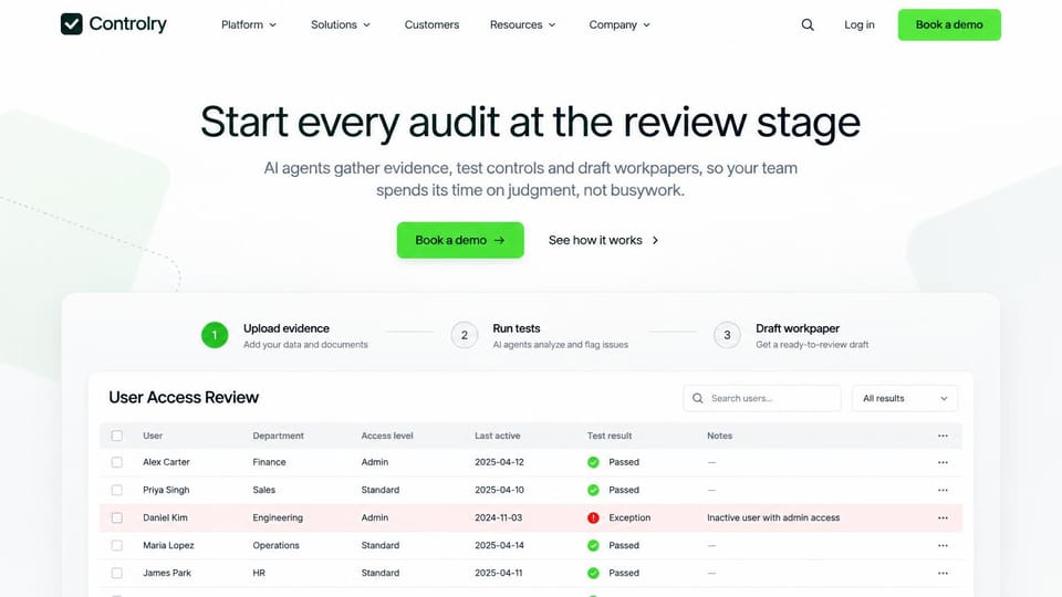 AI startup website design, audit AI with the review table in view: white page with pale green shapes, a large black headline, a bright green demo button, three numbered steps and an access review table with one exception in red