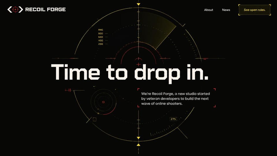Gaming website design, shooter studio with a radar screen: black page, a thin olive radar graphic, large white headline, a yellow outlined open roles button