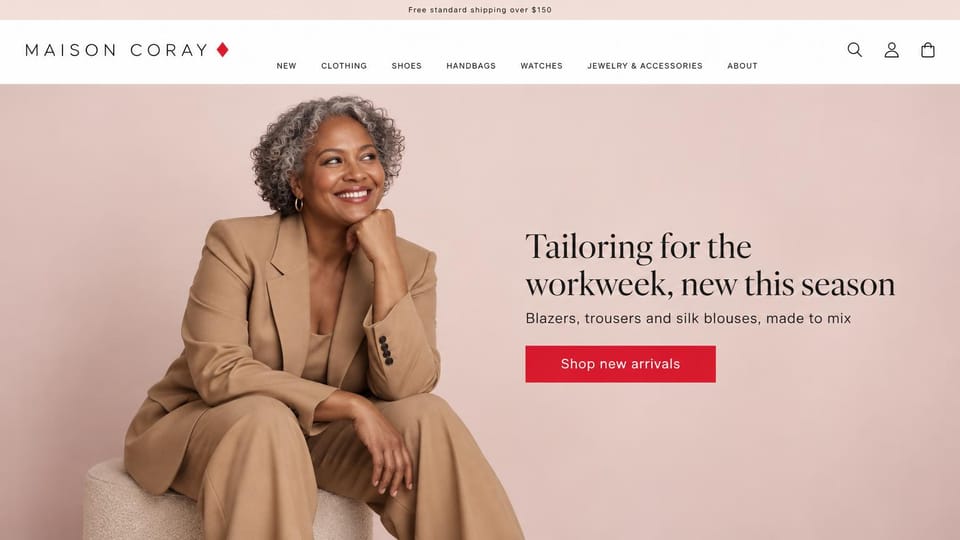 Fashion website design, women's work tailoring on a blush pink wall: blush pink studio, a smiling silver-haired woman in a camel suit, a dark serif headline and a red button on the right
