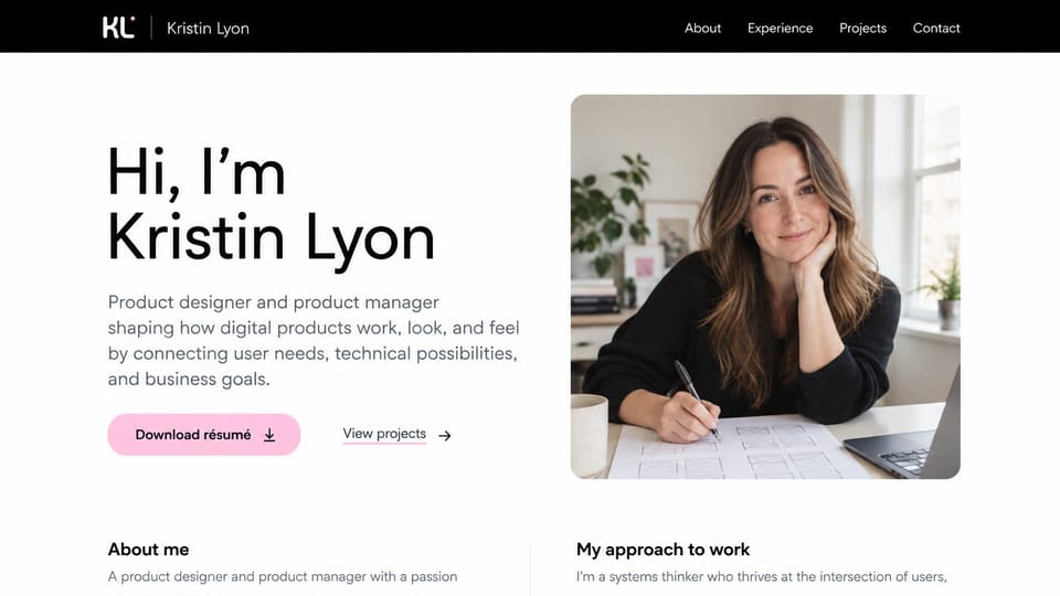 Resume website design, designer and product manager with a sketching photo: white page under a black menu bar, a large black hello, a pink resume button and a photo of a woman sketching wireframes at a desk
