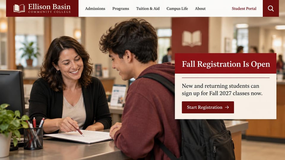 School website design, community college with a registration card: white header with a burgundy logo block, an advisor and a student at a desk, a cream card with a burgundy headline and button