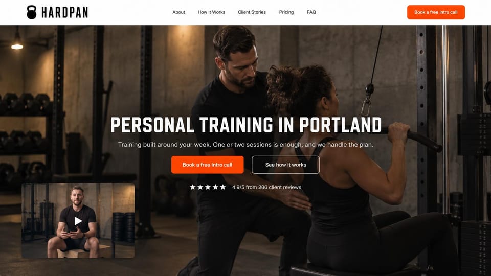 Personal trainer website design, one-on-one training with a video intro and review stars: dark gym photo of a coach guiding a woman at a cable machine, a centered white condensed headline, an orange intro call button and an outlined button, review stars, a small video thumbnail of the coach