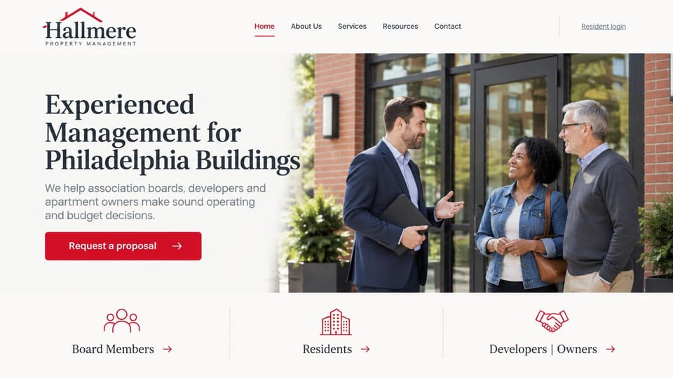 Property management website design, building management with links for boards and residents: warm white page, red roofline logo, a charcoal serif headline, a red proposal button, a manager with a tablet talking with two residents outside a glass and brick entrance, three red line icons with audience links