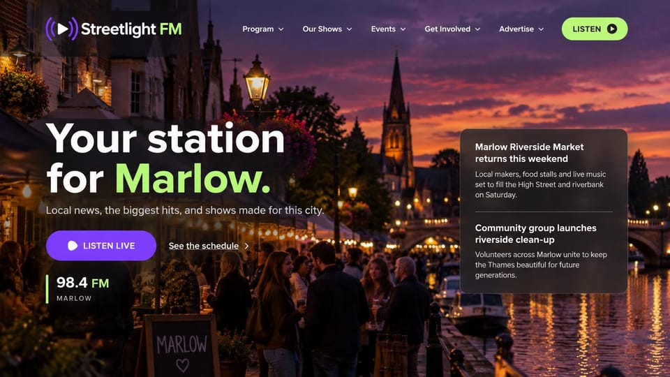 Radio station website design, local news and hits radio over the town at dusk: dusk photo of a riverside street with a church spire and string lights, white and lime headline, a purple listen button, the frequency below and a dark news card on the right