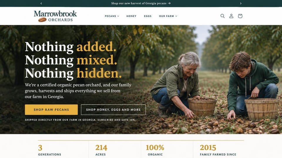 Farm website design, nut orchard with a family harvest and a stats row: dark green bar, two people gathering pecans into baskets in an orchard, white and gold serif headline, gold shop button, white stats row below