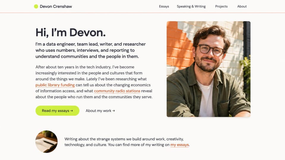 Personal website design, essays first, for a researcher who writes: warm white page, a portrait against an orange wall beside a long intro with orange links and a lime button